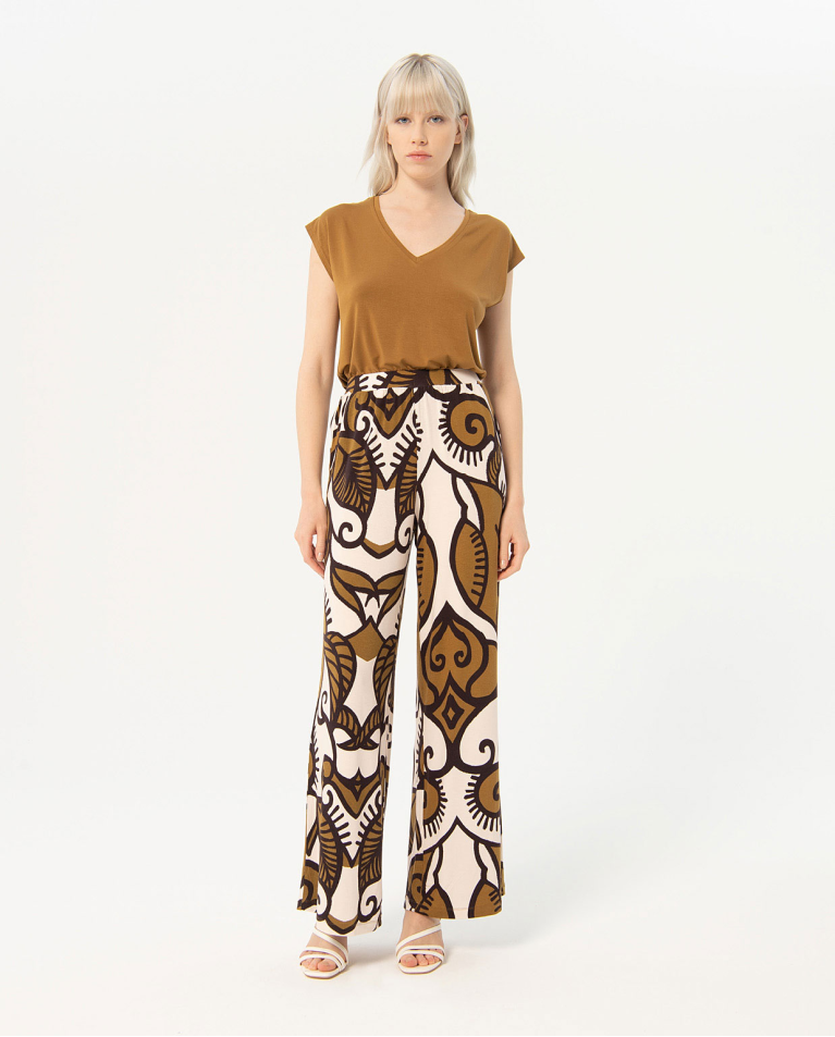 Printed wide and elastic printed long pants Khaki