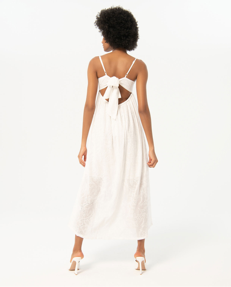 Robe longue brodée et ajourée unie Blanc