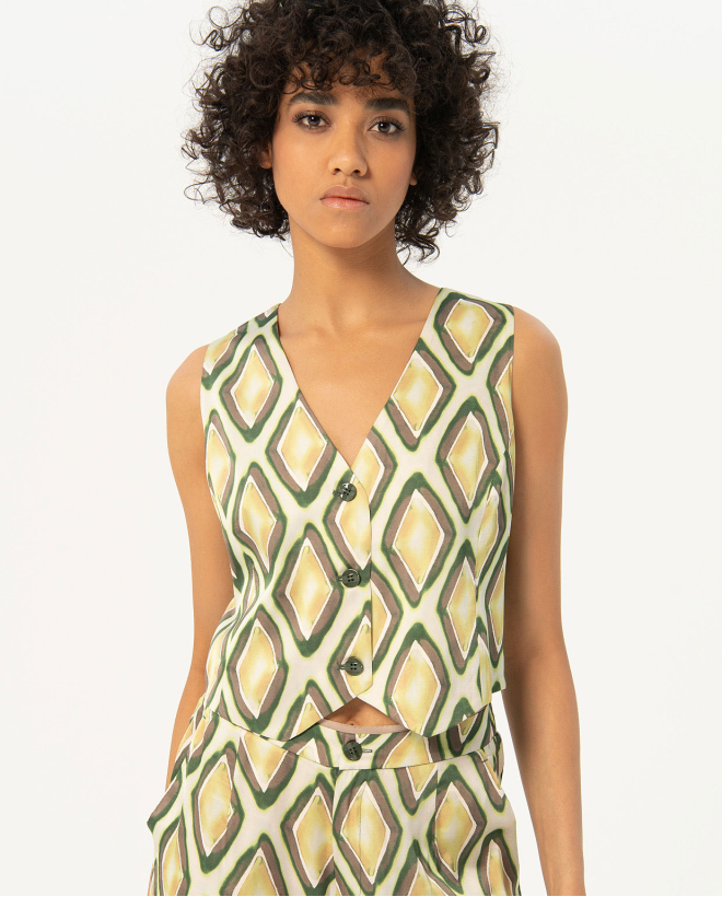 Printed satin short vest Green