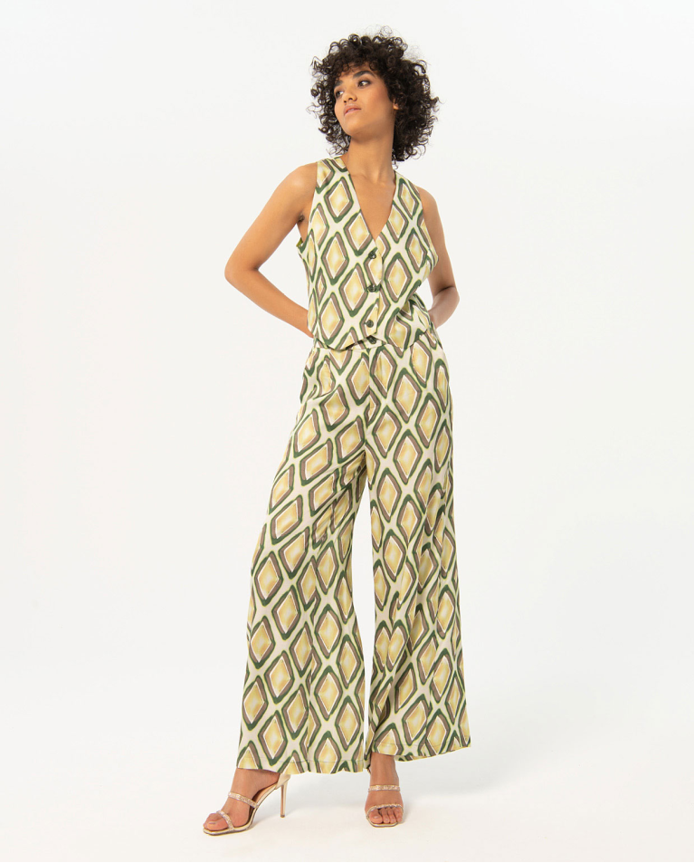 Satin and printed flare pants Green