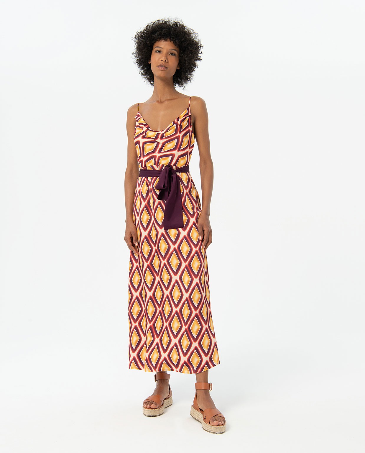 Printed satin long dress Maroon