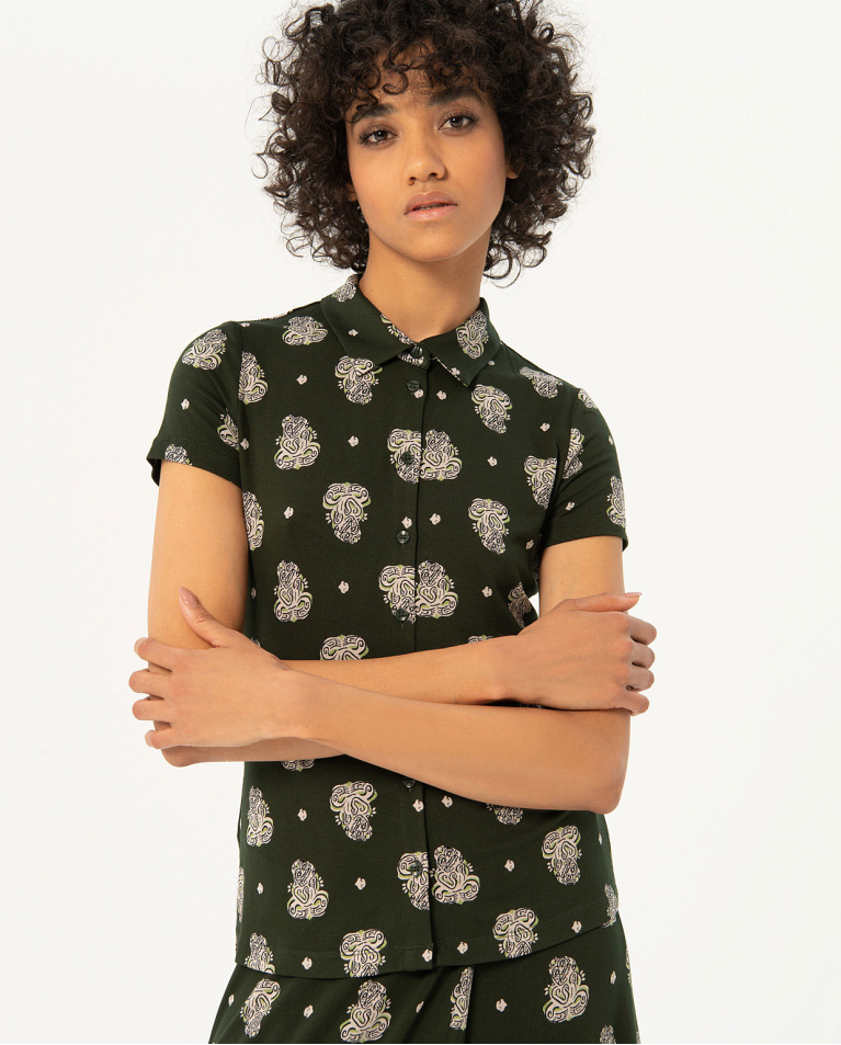 Printed short sleeve elastic shirt Khaki