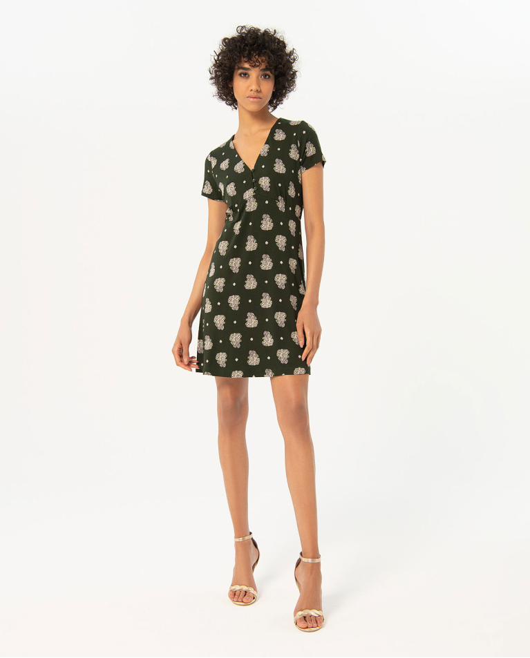 Printed V-neck short dress Khaki