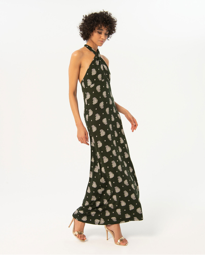 Printed halter neck long...