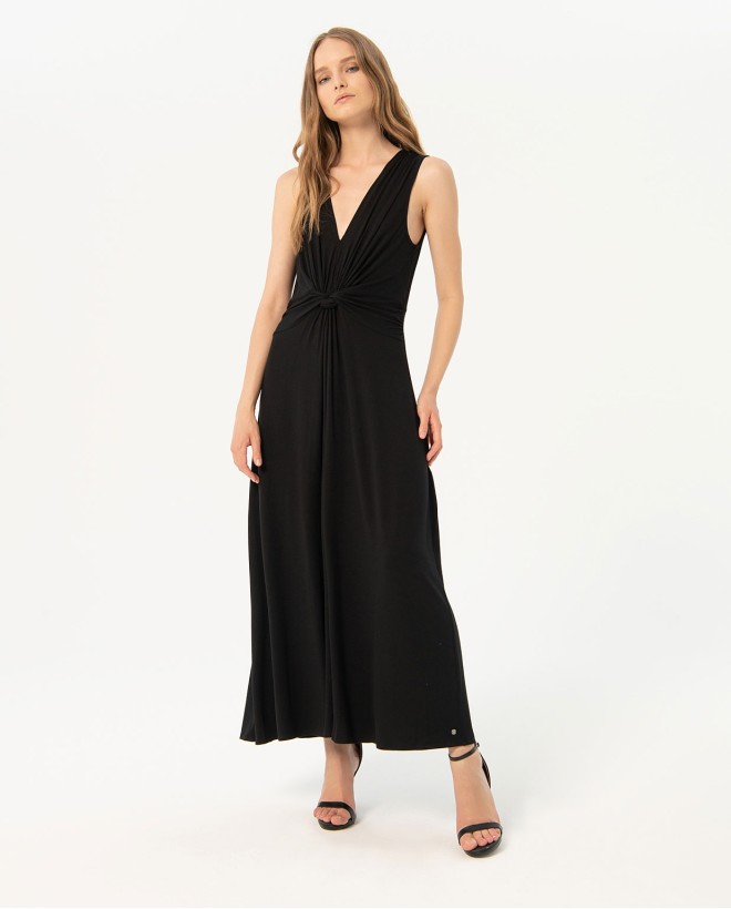 Long plain front knot dress Black