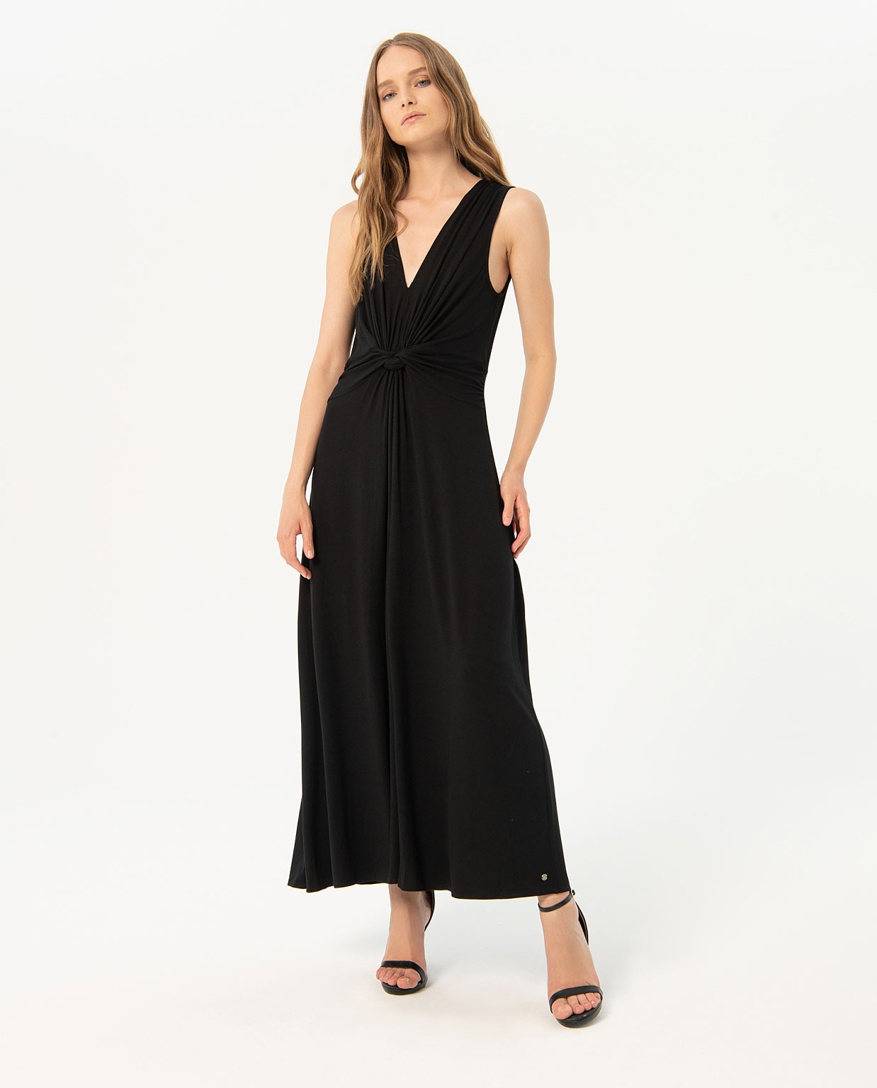 Robe longue unie à nœud devant Noir