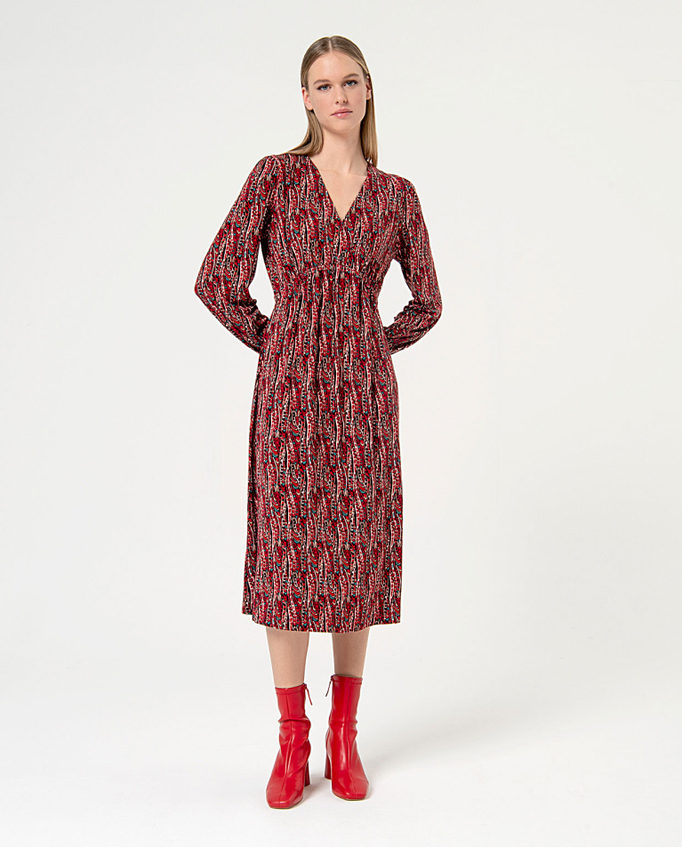 Printed flowing elastic dress Maroon