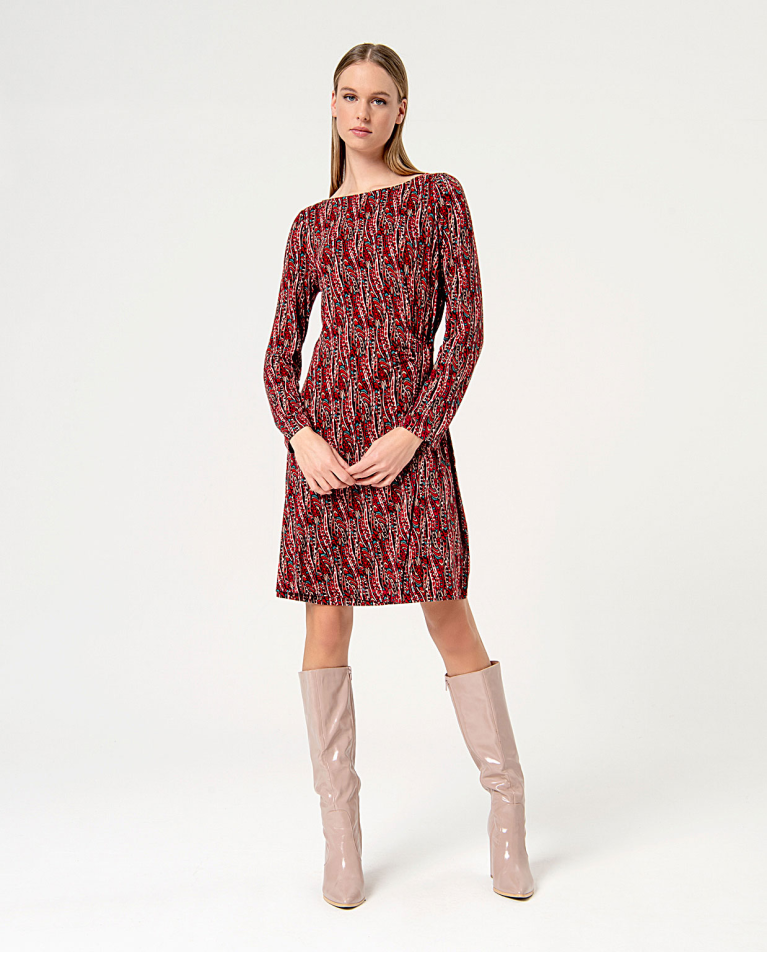 Printed short stretch printed dress Maroon