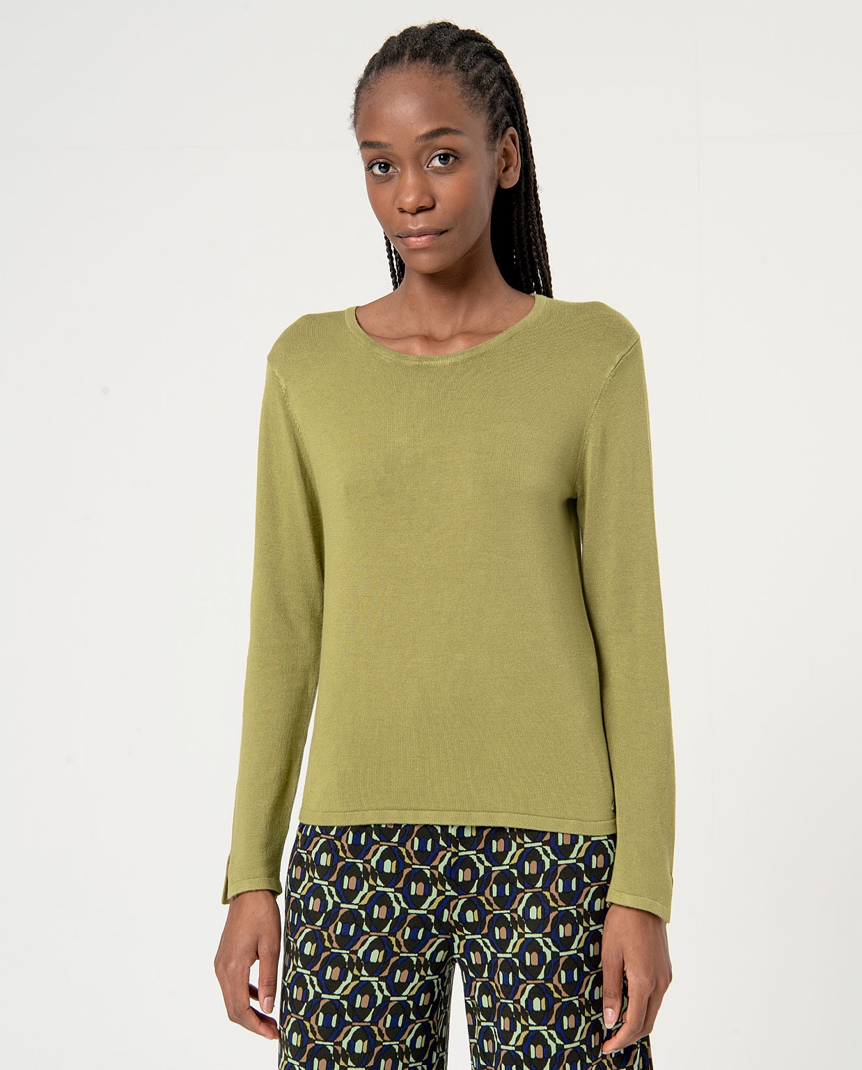 Plain round neck knitted sweater Khaki