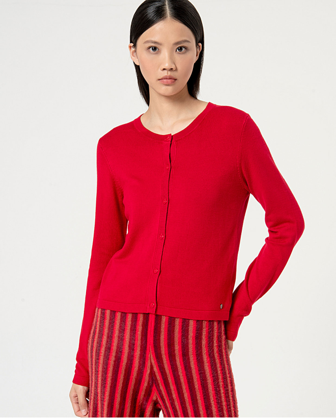 Plain knit short cardigan Red