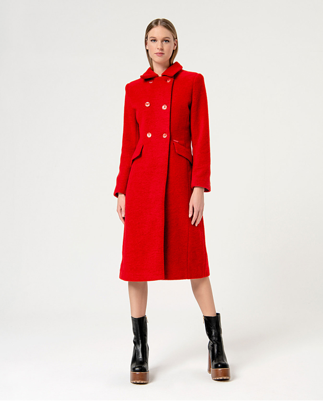 Manteau long uni à double boutonnage Rouge