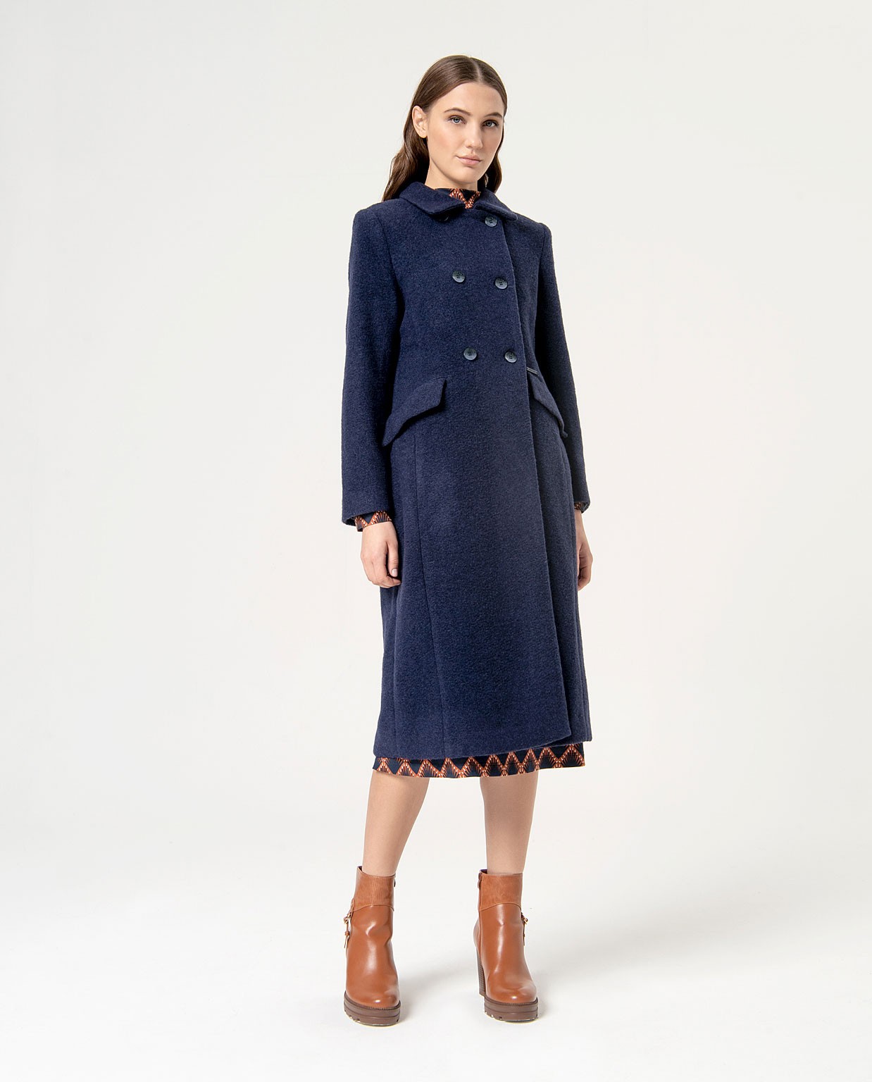 Plain long double breasted coat Navy blue