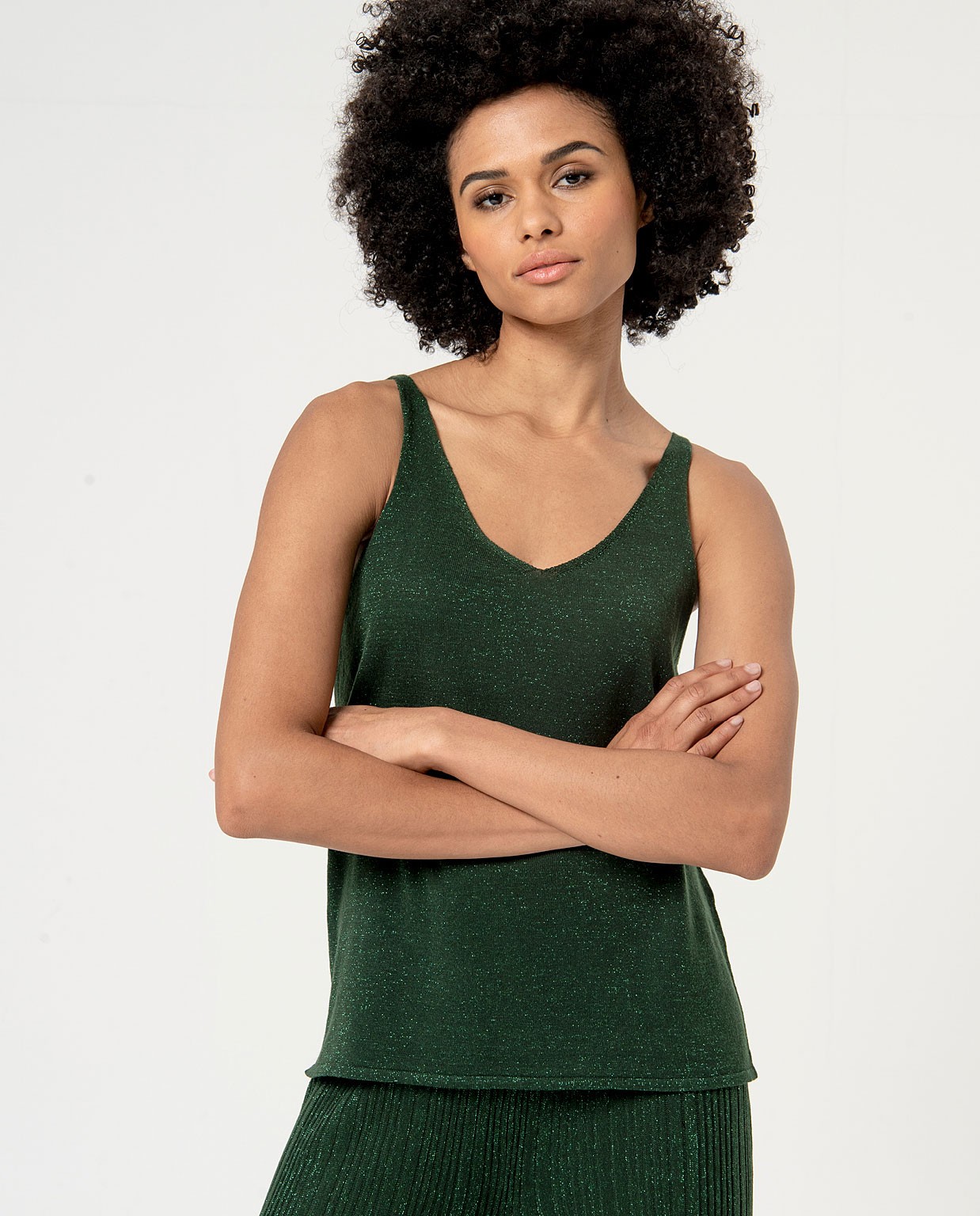 Top uni en tricot de fil métallique Vert