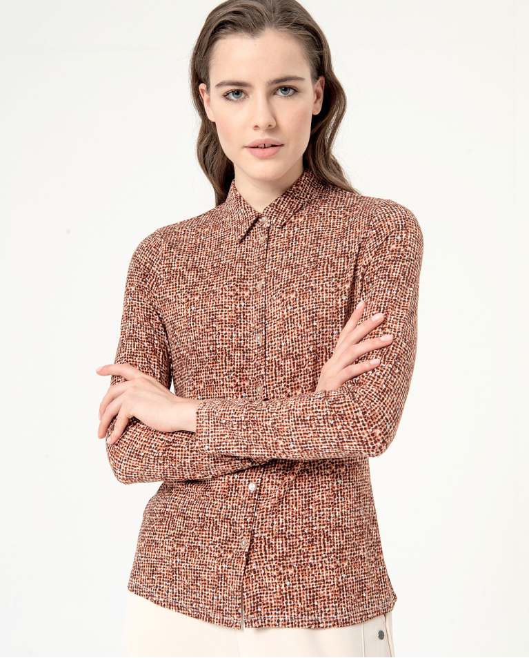 Printed long sleeve elastic shirt Ecru