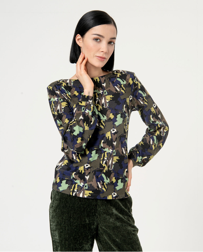 Printed boat neck elastic blouse Green