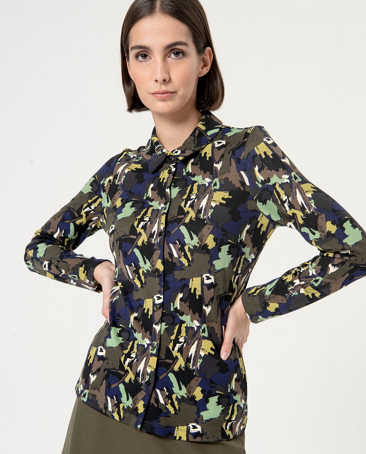 Printed long sleeve elastic shirt Green