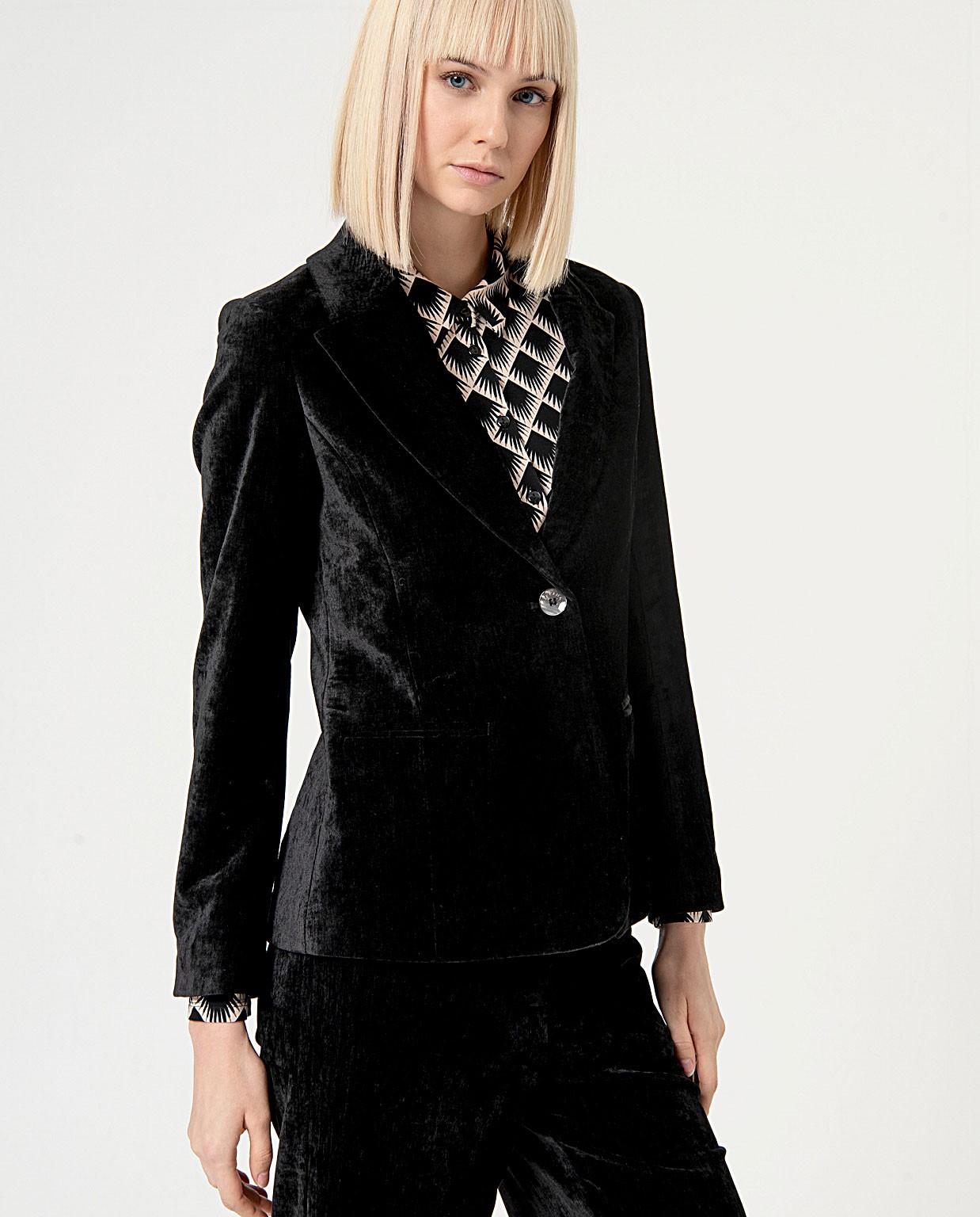 Blazer élastique uni en velours Noir