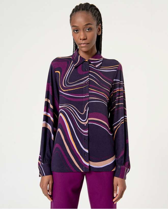 Printed Long Sleeve Stretch Shirt Purple