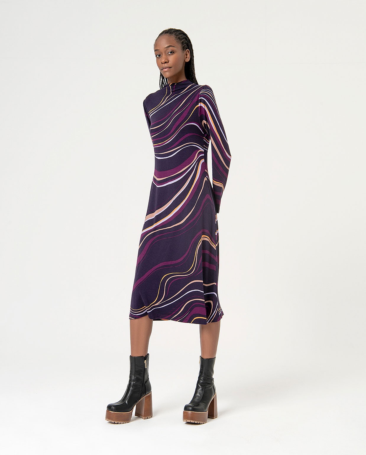 Robe midi élastique imprimée et extensible Violet