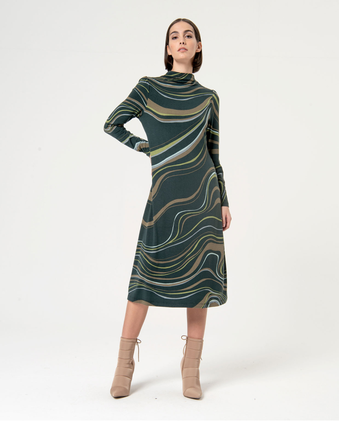 Printed elastic midi stretch printed dress Green