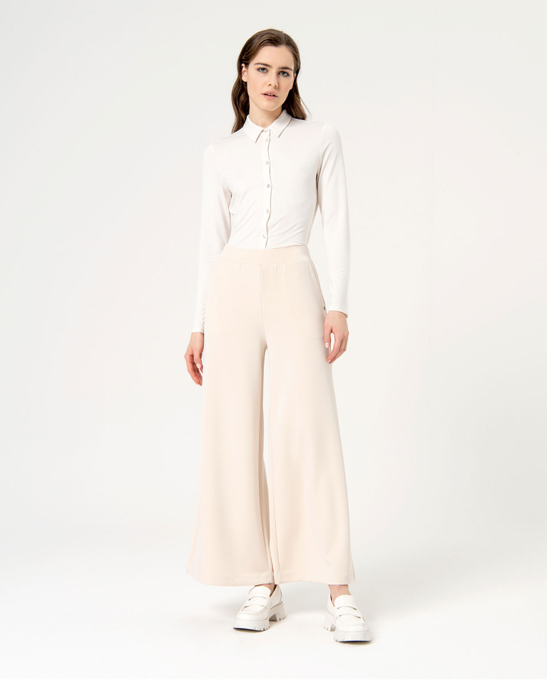 Pantalon élastique uni palazzo stretch Écru