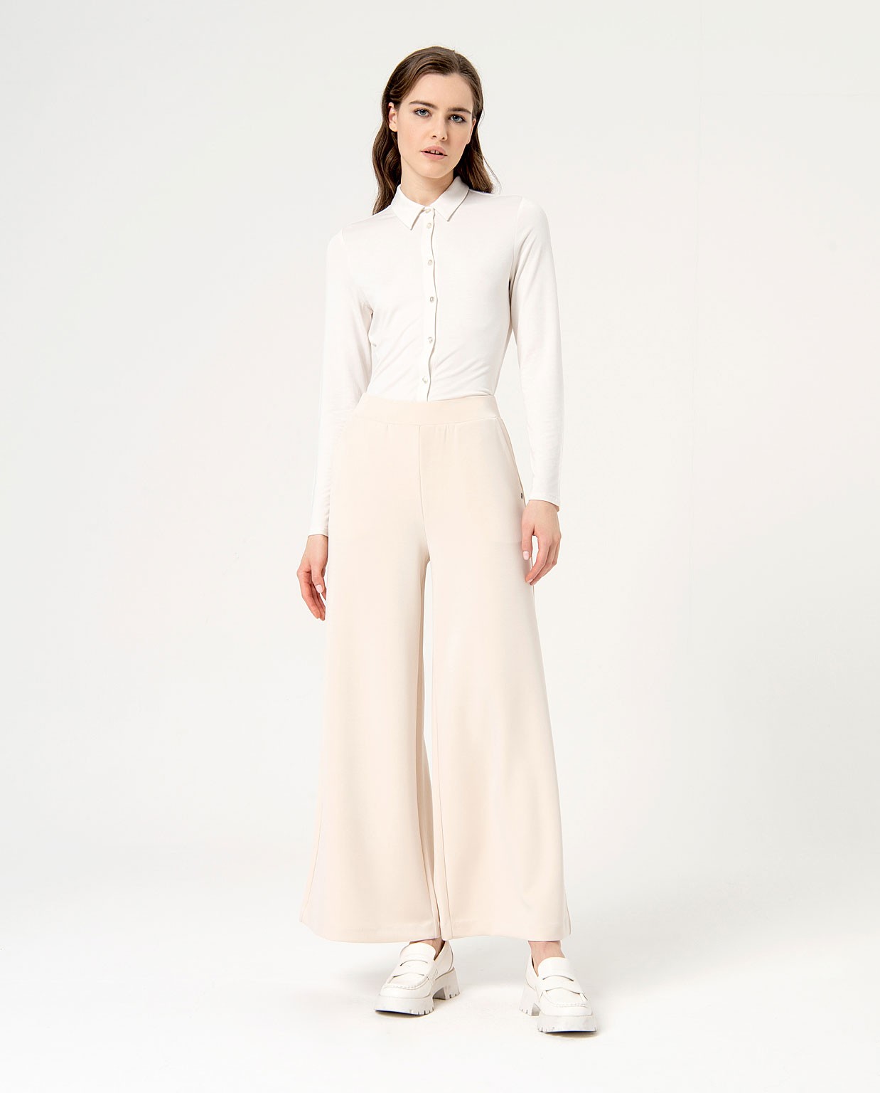 Pantalon élastique uni palazzo stretch Écru