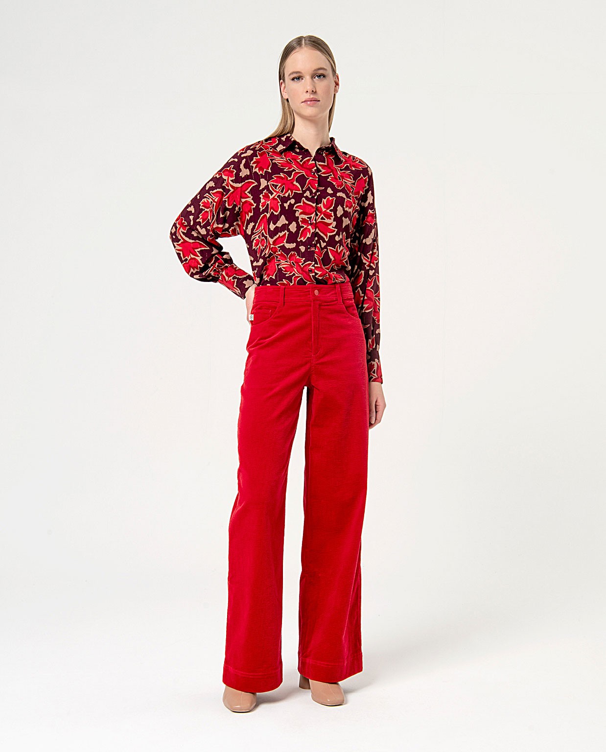 Pantalon large en velours côtelé uni Rouge