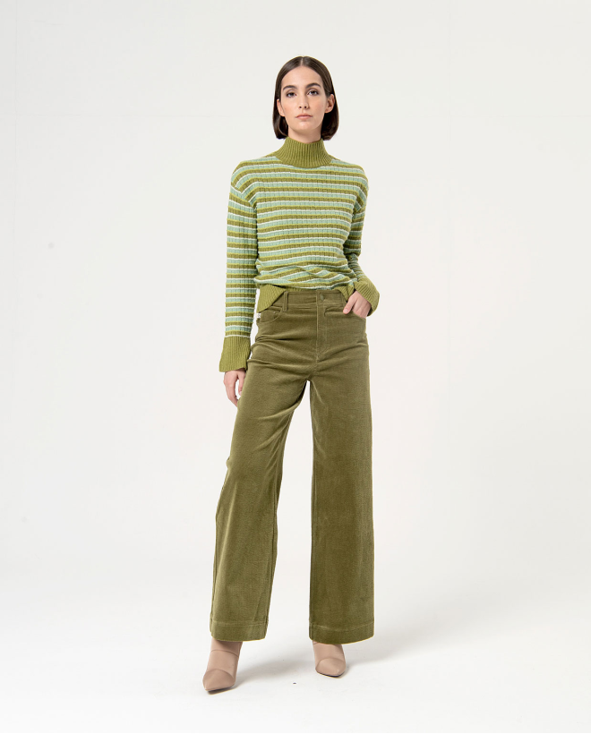 Pantalon large en velours côtelé uni Vert