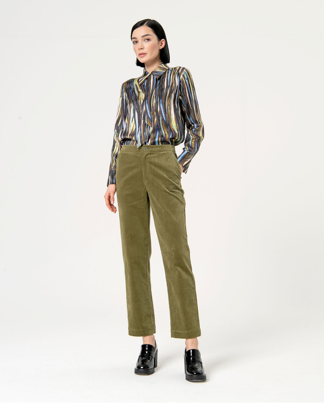 Pantalon droit uni en velours côtelé Vert