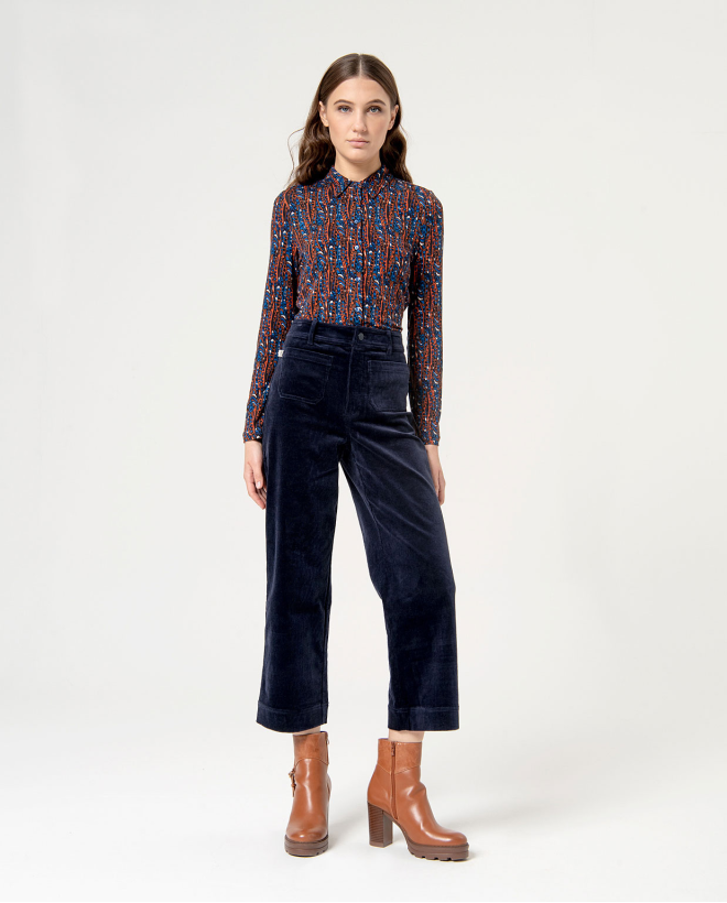 Plain corduroy cropped pants Navy blue