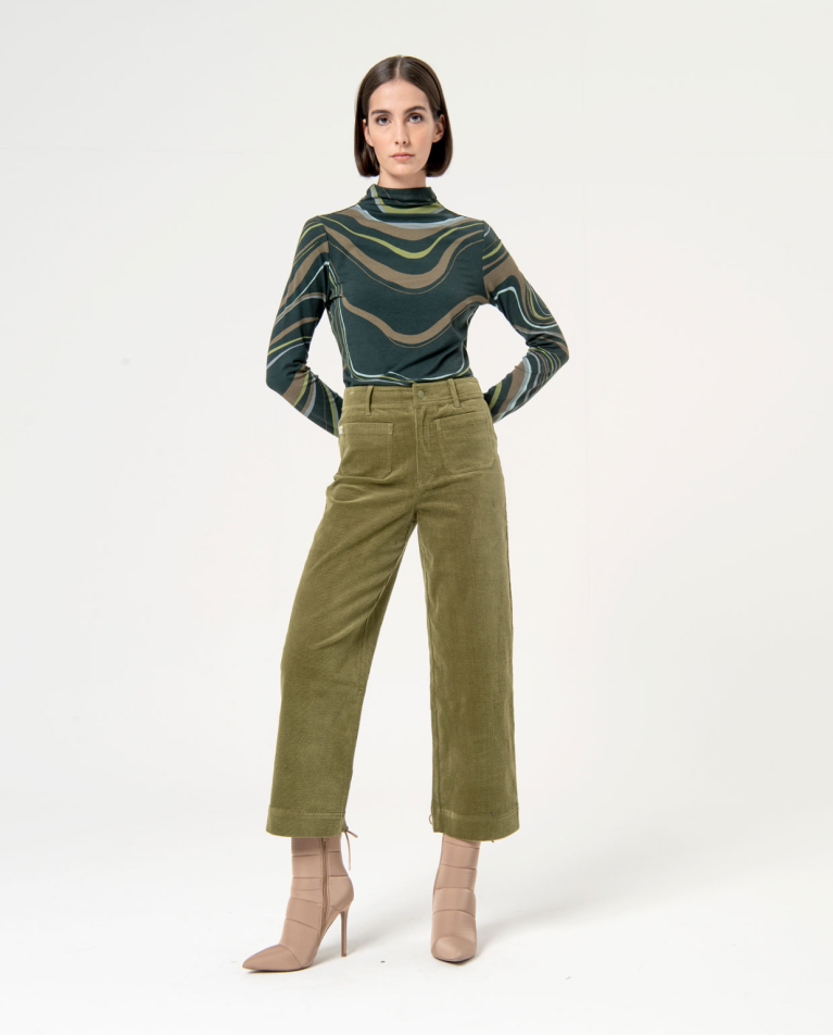 Pantalon croisé en velours côtelé uni Vert