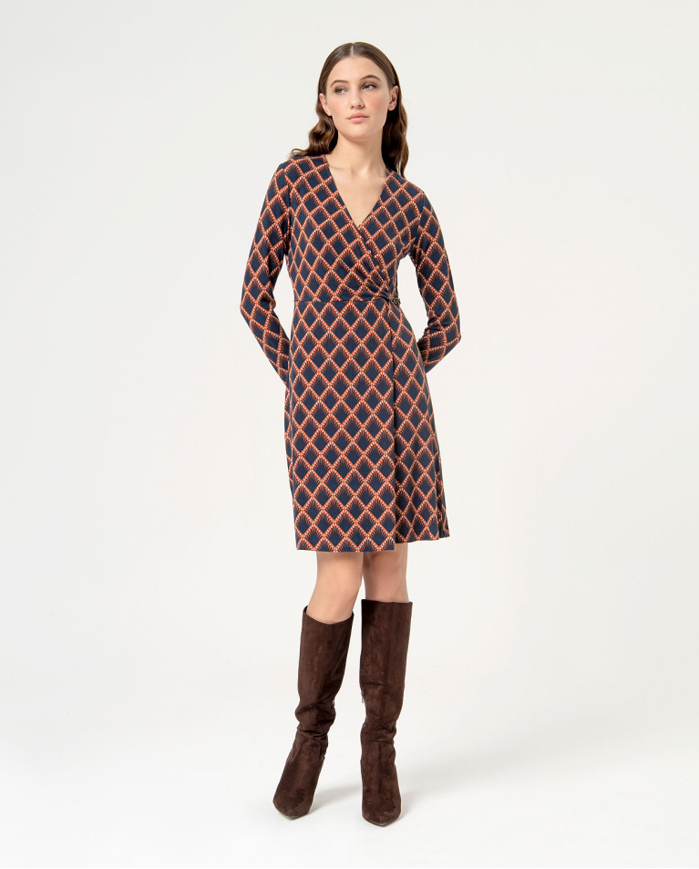 Robe courte croisée imprimée Marron