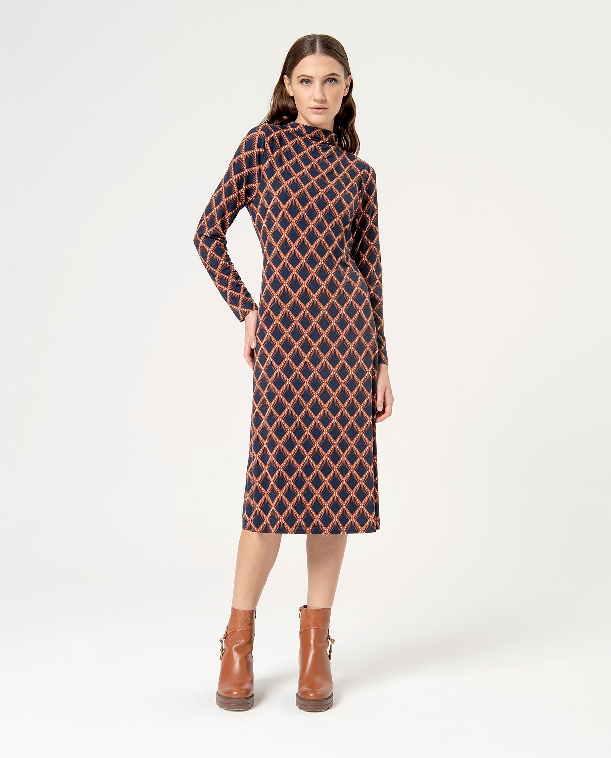 Stretch printed midi midi dress Brown