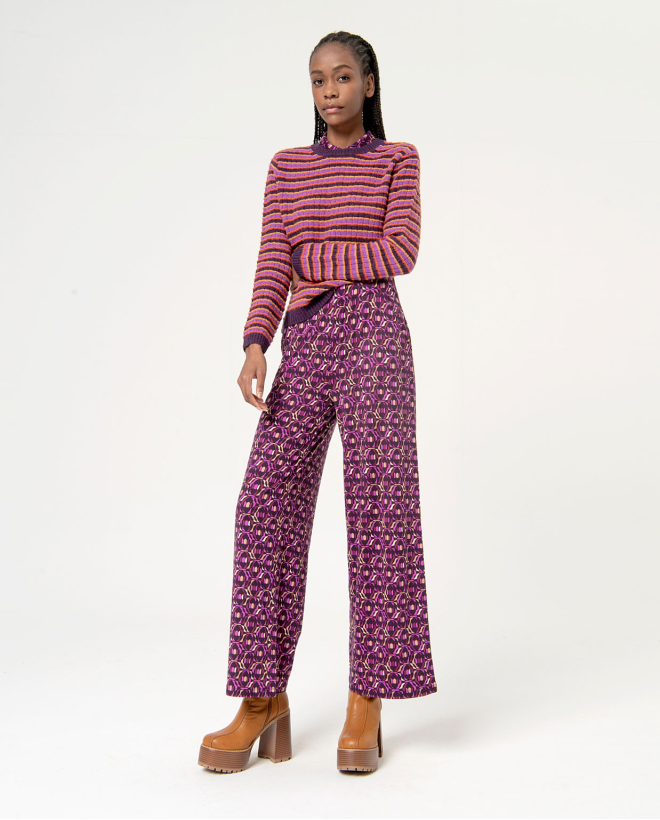 Printed elastic flowing stretch pants Purple