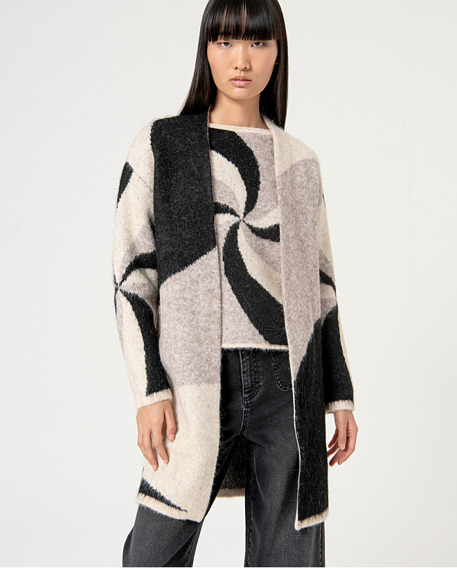 Long jacquard knitted cardigan Black