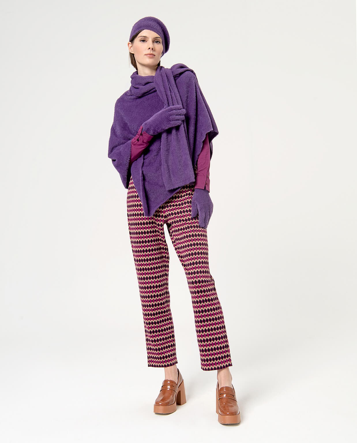 Poncho tricoté uni avec poils Violet