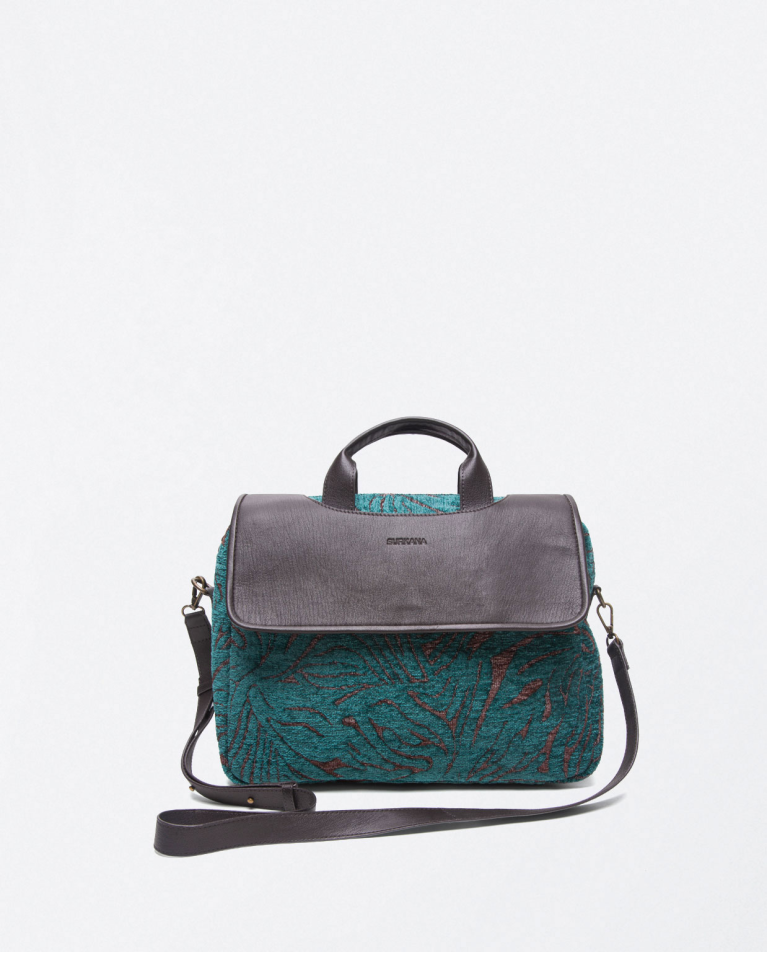 Printed jacquard and leather shoulder bag Petrol blue