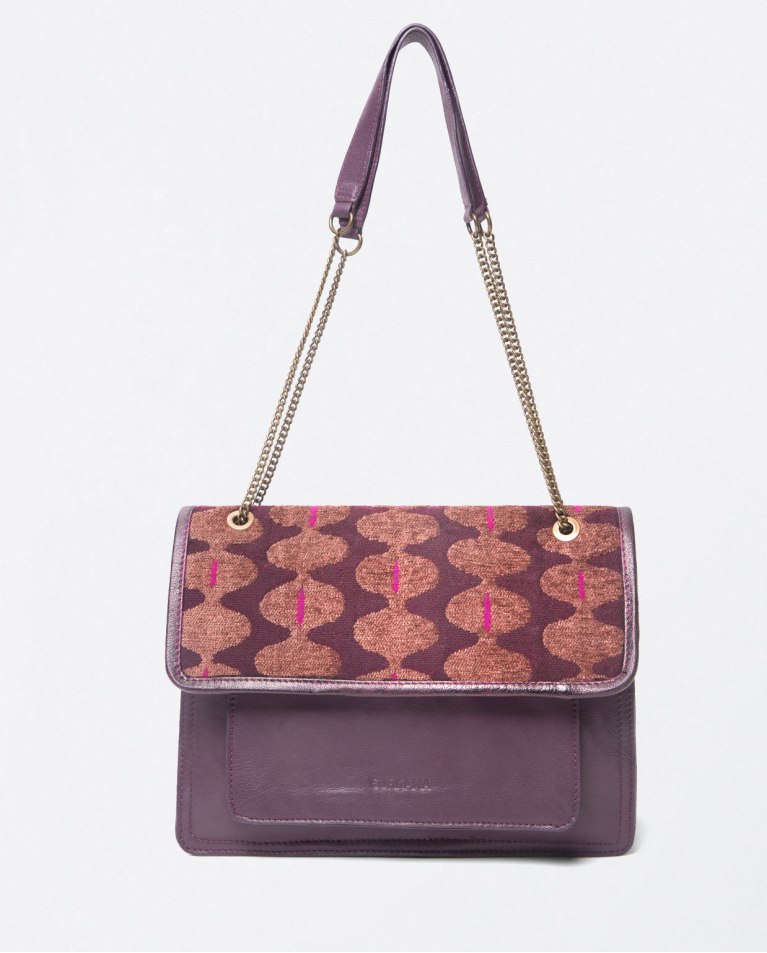 Printed jacquard shoulder bag with flap Purple