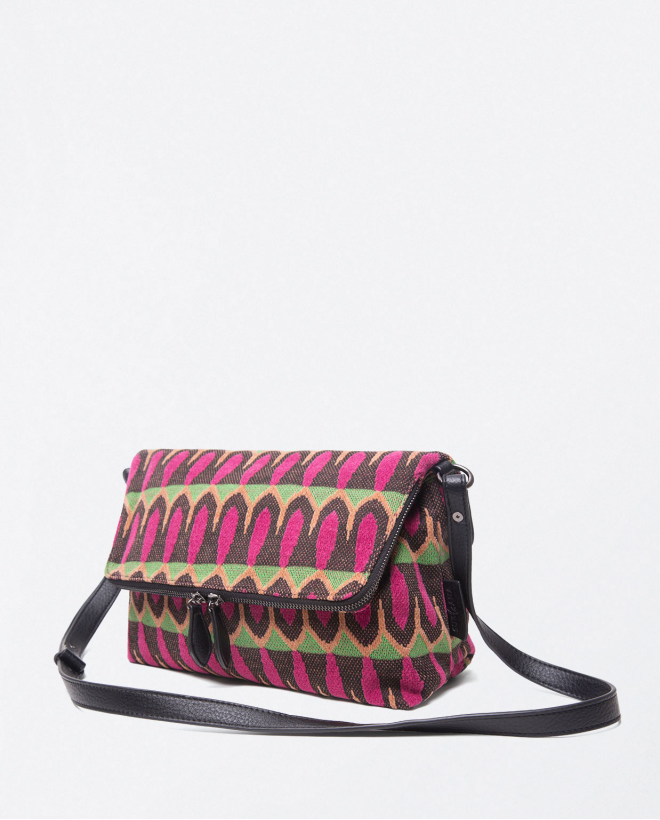 Patterned jacquard shoulder bag with flap Black