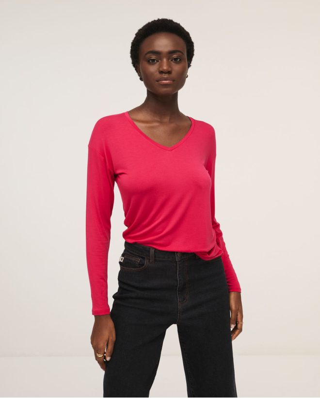 T-shirt avec manche longue col v Fushia