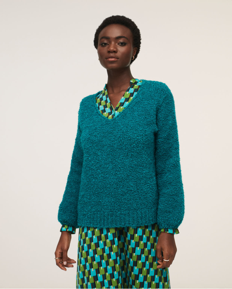 Pull en tricot col v manche volume Turquoise