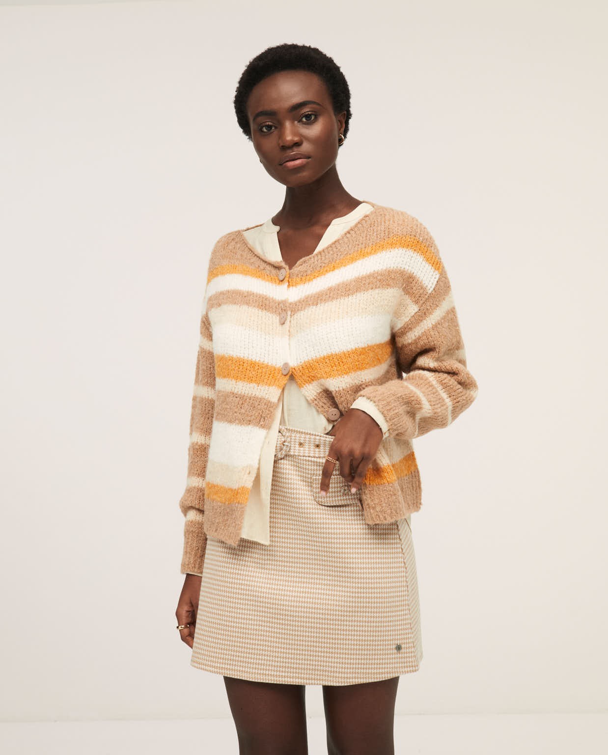 Cardigan with stripes boat neckline Yellow