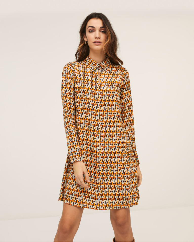 Shirt collar dress with teardrop neckline Brown