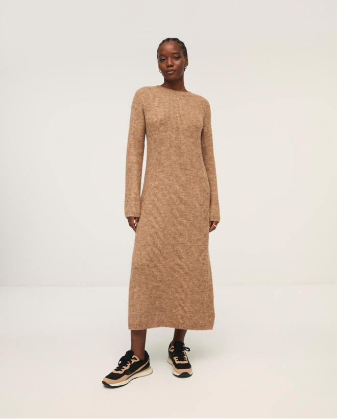 Midi dress in pearly tricot round neck Brown