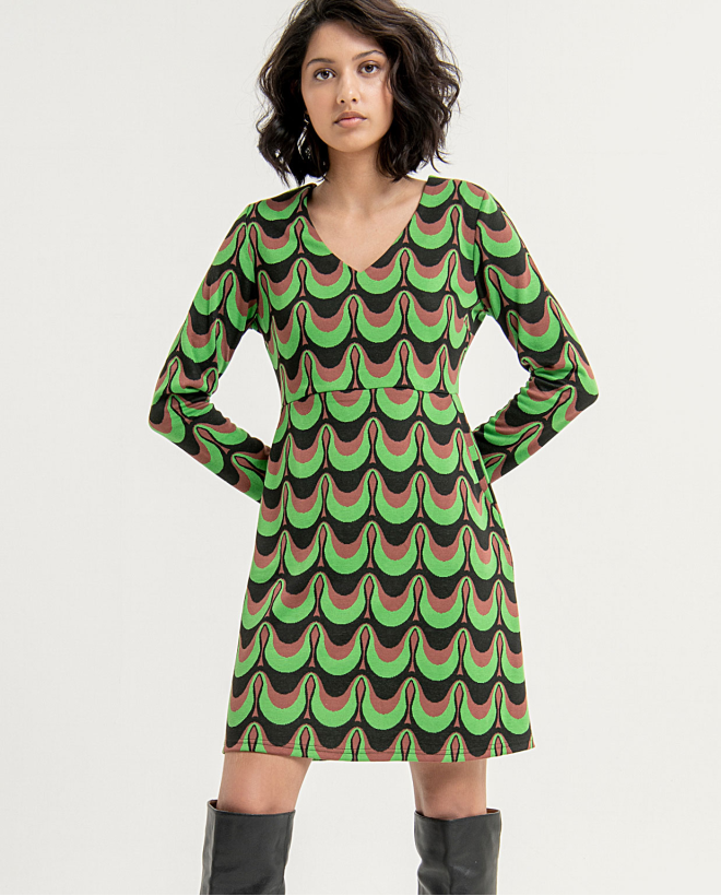 Printed short dress with elasticated V-neck and pr Green