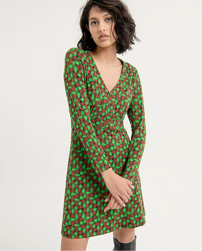 Robe courte avec col en V élastique et imprimé Vert