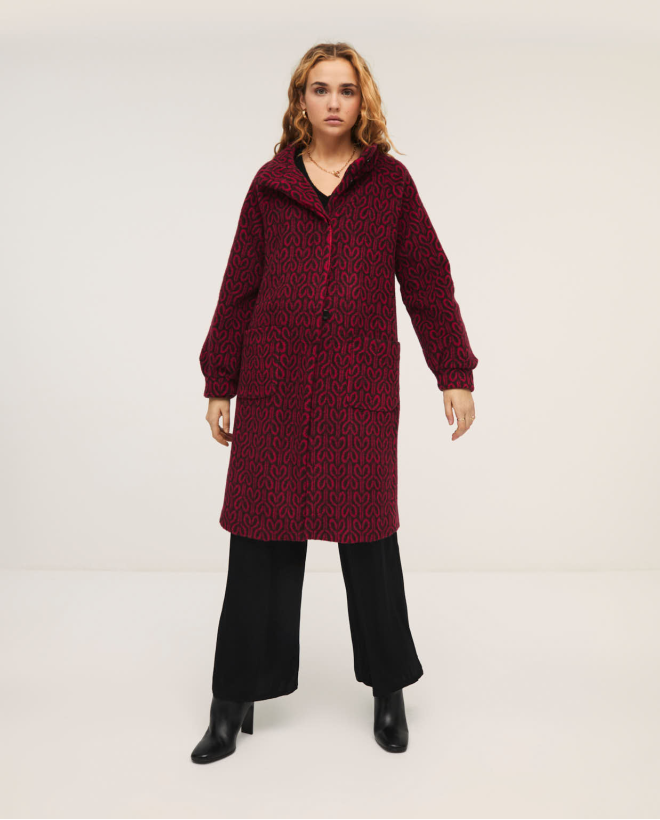 Manteau large avec col alto et manche bouffante Fushia