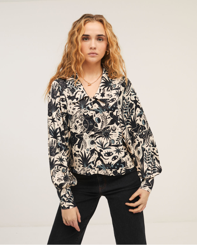 Blouse avec col grand et manches bouffantes Noir