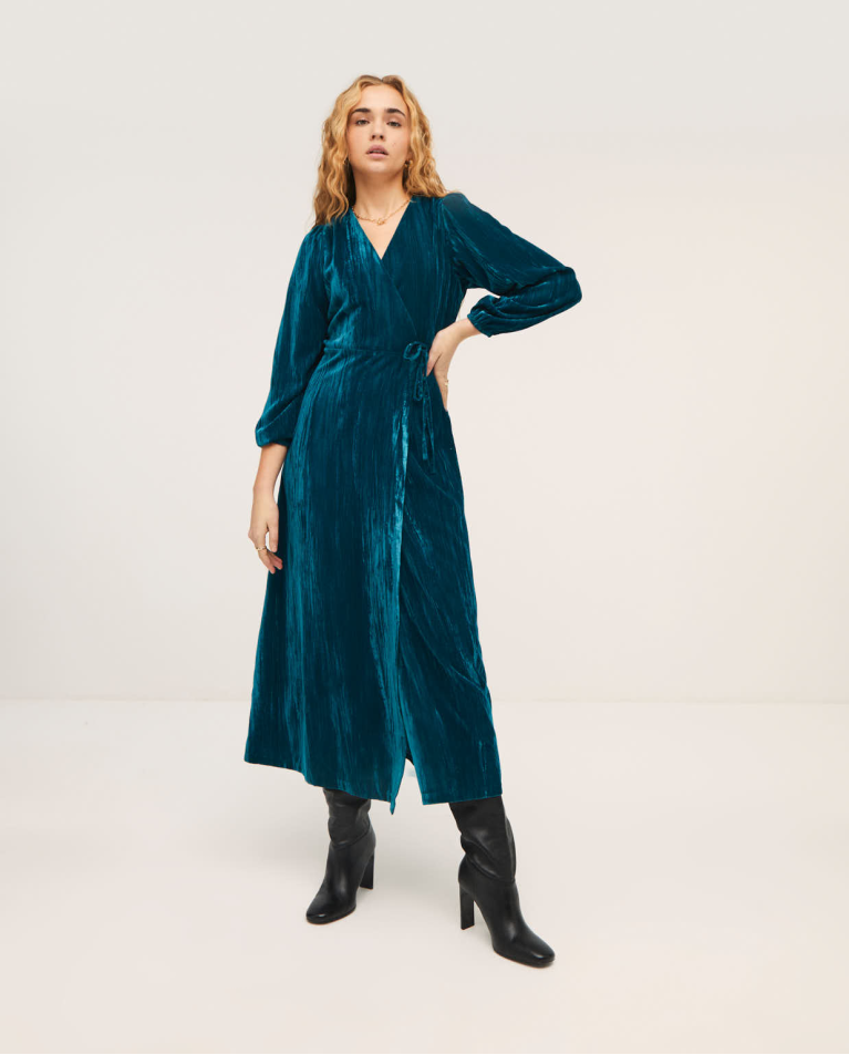 Crossed long dress in velvet v-neck Petrol blue