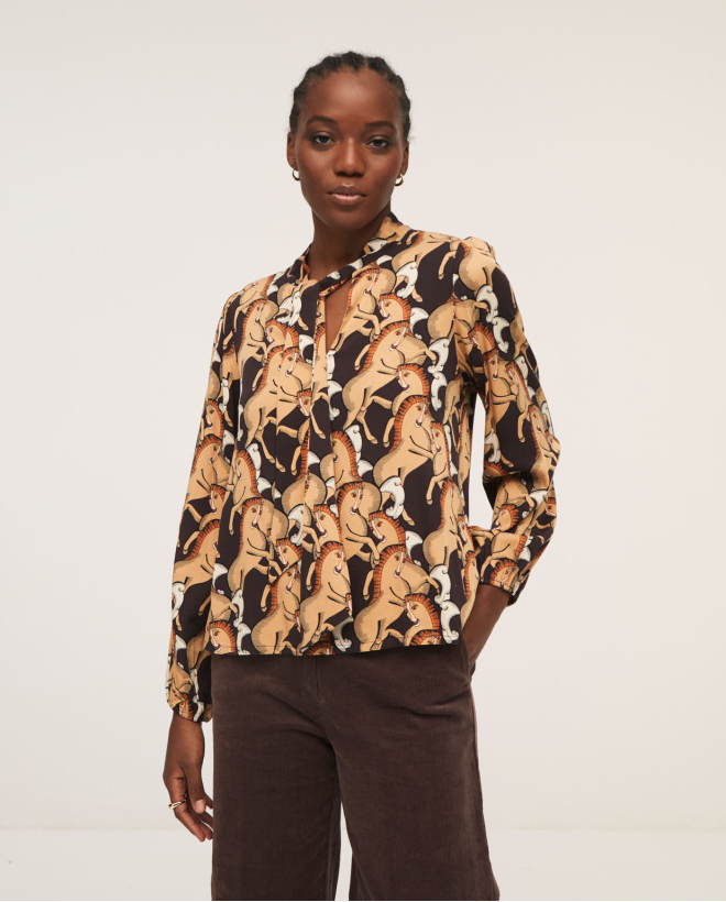 Blouse avec décollété v et noeud. Marron